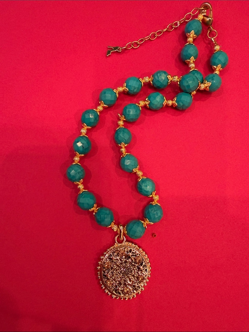 Gold Medallion Pendant Necklace with Teal Faceted Beads